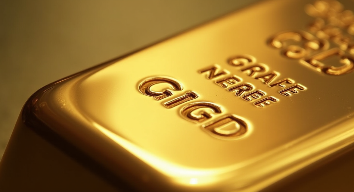 Abstract macro shot of a gold bar's textured surface.